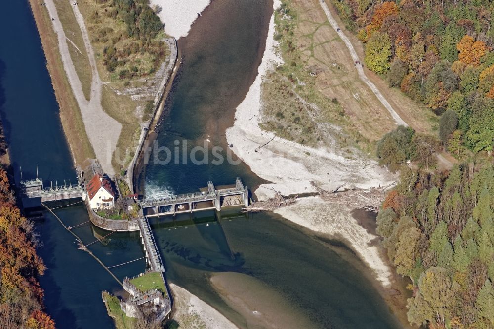 Pullach im Isartal von oben - Isar- Stauwehr bei Großhesselohe nahe Pullach im Isartal im Bundesland Bayern