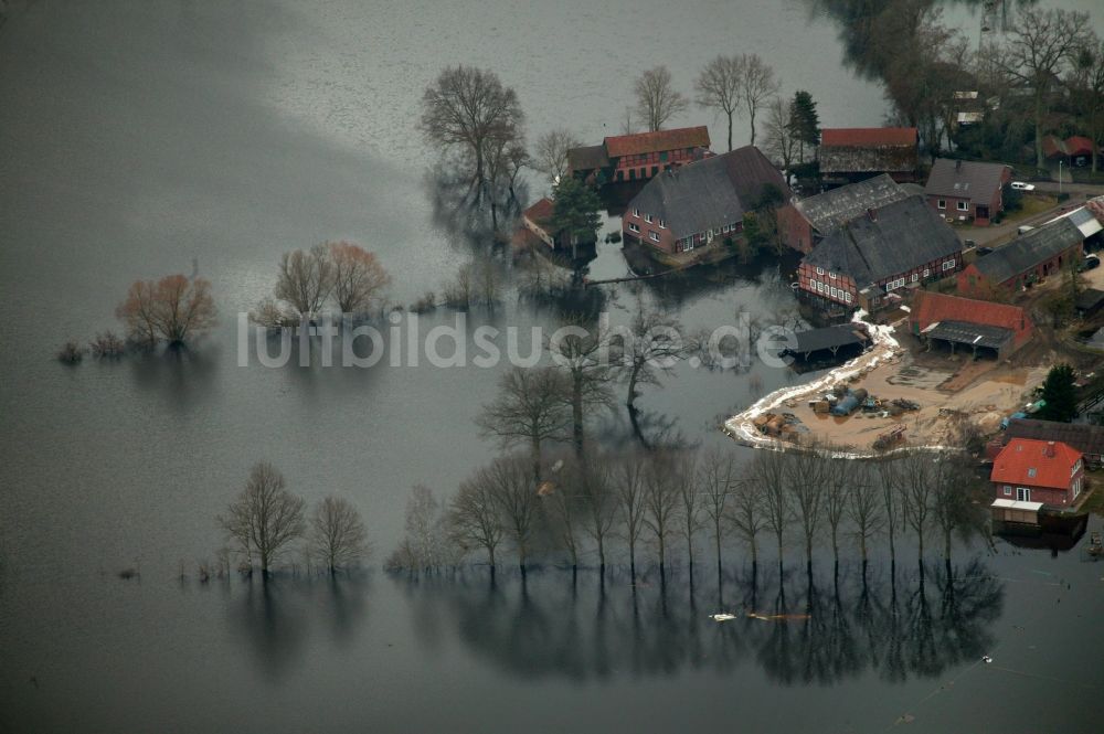 Hitzacker aus der Vogelperspektive: Jahrhundert - Hochwasser - Überschwemmung am Ufer der Elbe in Hitzacker im Bundesland Niedersachsen