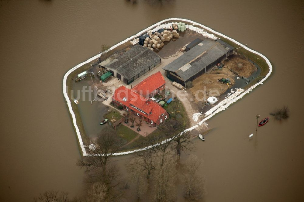 Luftbild Hitzacker - Jahrhundert - Hochwasser - Überschwemmung am Ufer der Elbe in Hitzacker im Bundesland Niedersachsen