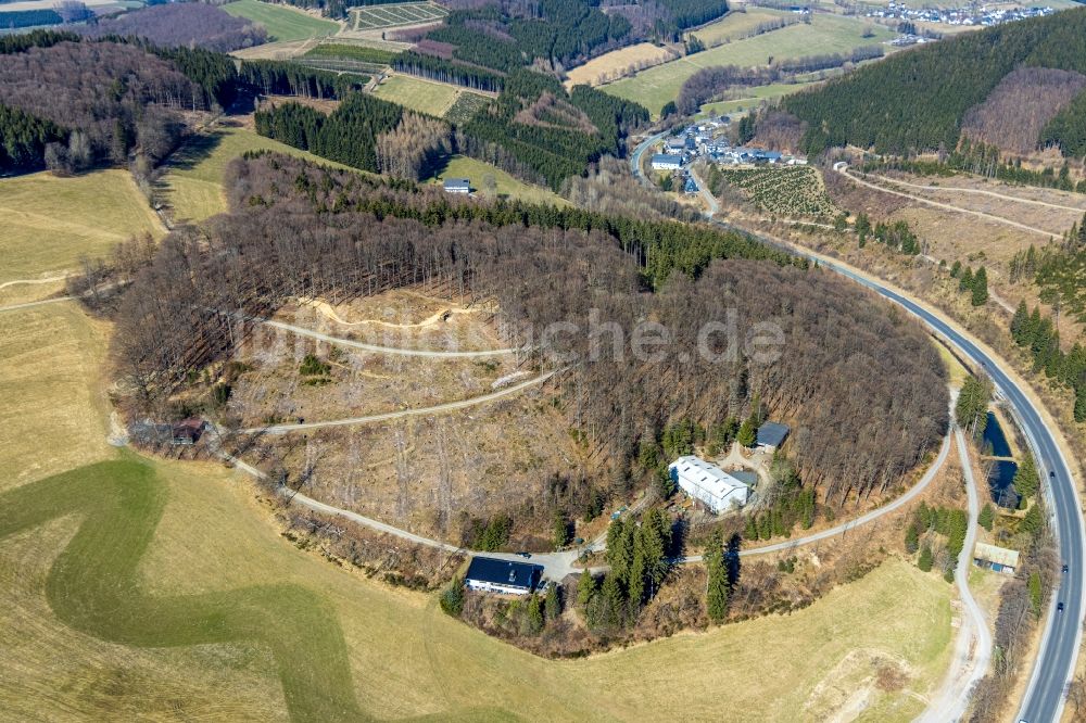 Luftaufnahme Schmallenberg - Kahle Fläche eines gerodeten Waldbestandes beim Ski und Freizeitgebiet Hohe Lied in Schmallenberg im Bundesland Nordrhein-Westfalen, Deutschland