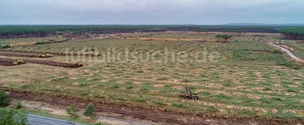 Luftaufnahme Grünheide (Mark) - Kahle Fläche eines gerodeten Waldbestandes am Tesla- Werk in Grünheide (Mark) im Bundesland Brandenburg, Deutschland