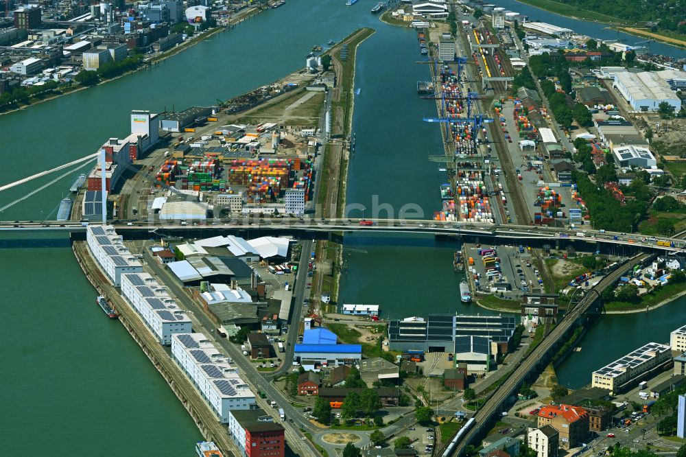 Luftaufnahme Ludwigshafen am Rhein - Kai und Hafenbecken des Binnenhafen am Ufer des Rhein in Ludwigshafen am Rhein im Bundesland Rheinland-Pfalz, Deutschland