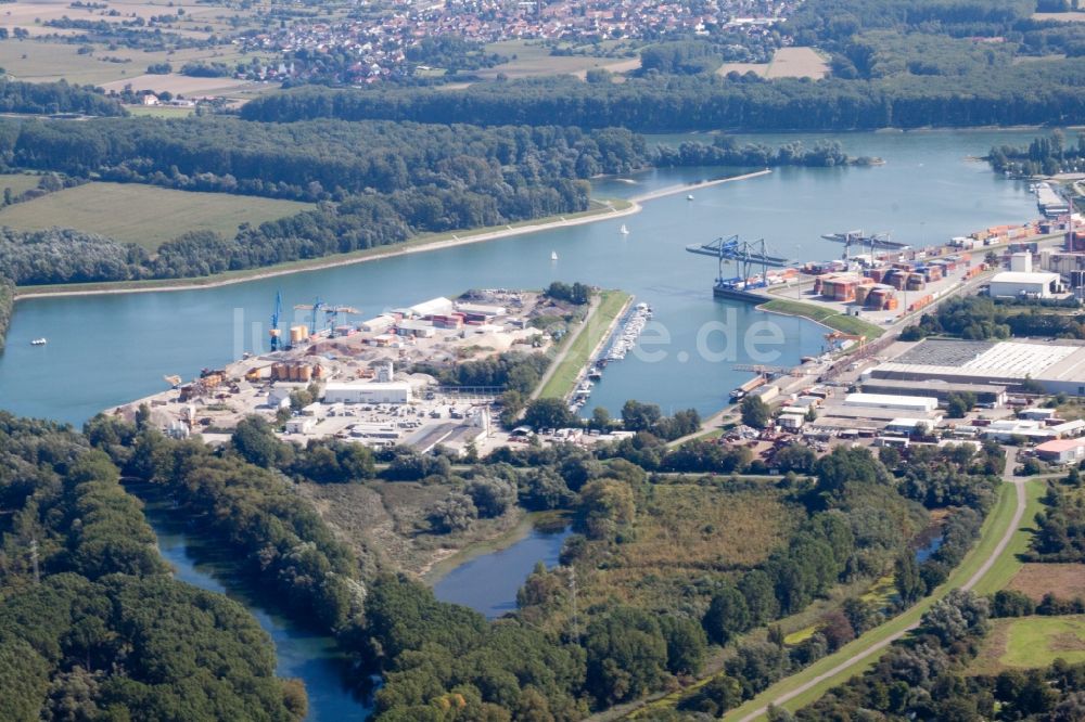 Germersheim aus der Vogelperspektive: Kaianlagen und Schiffs- Anlegestellen am Hafenbecken des Binnenhafen des Rhein in Germersheim im Bundesland Rheinland-Pfalz