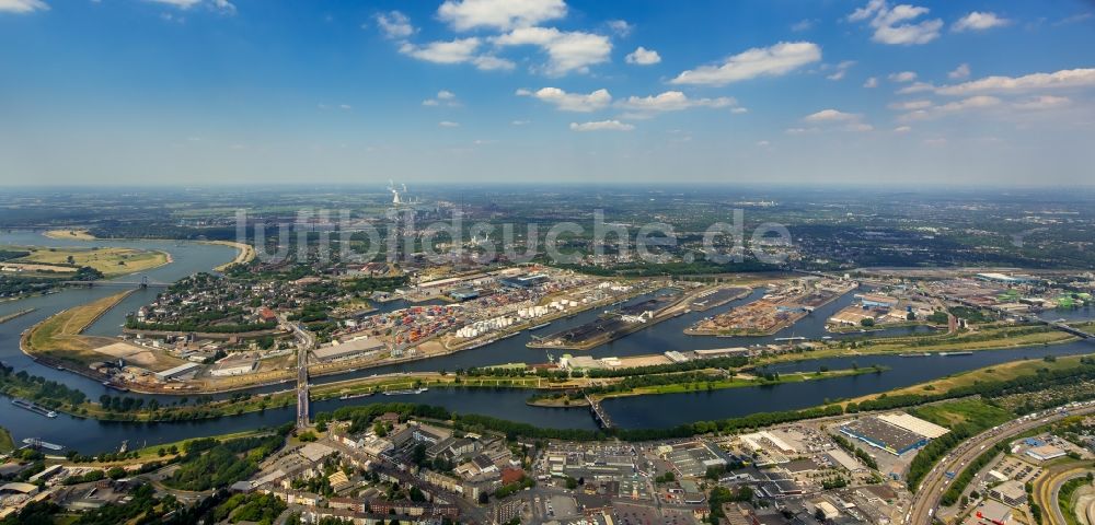 Luftaufnahme Duisburg - Kaianlagen und Schiffs- Anlegestellen mit Verlade- Terminals am Binnenhafen in Duisburg im Bundesland Nordrhein-Westfalen