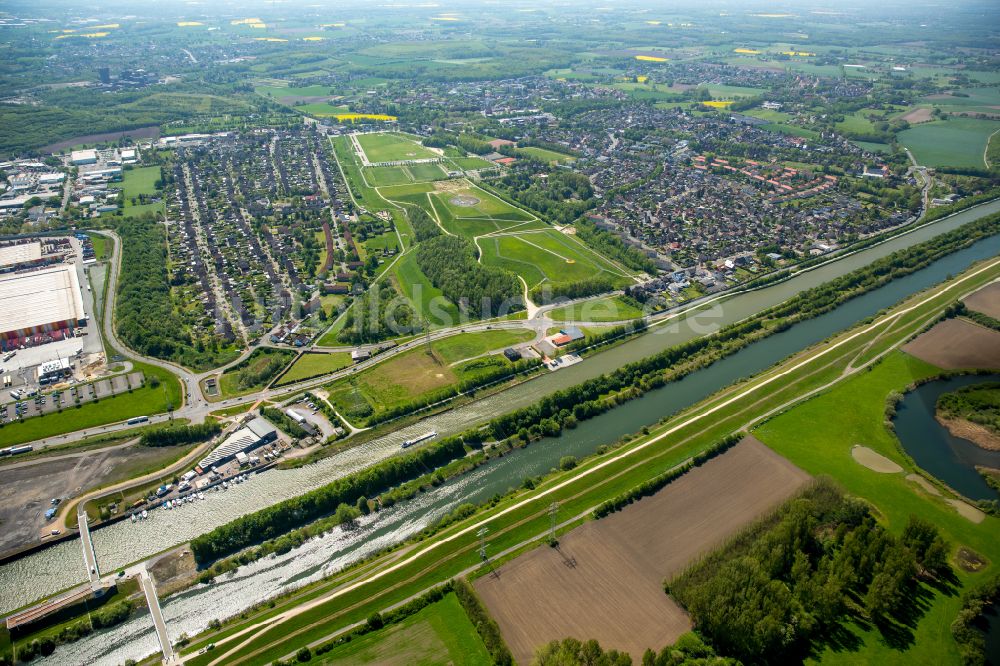 Luftaufnahme Herringen - Kanalverlauf und Uferbereiche des Verbindungskanales Datteln-Hamm-Kanal und Fluss Lippe in Herringen im Bundesland Nordrhein-Westfalen, Deutschland