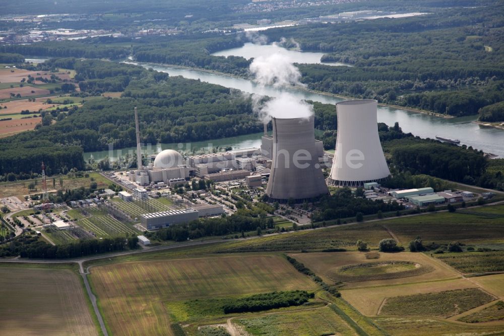 Luftaufnahme Philippsburg - Kernkraftwerk / Atomkraftwerk AKW Philippsburg auf der Rheinschanzinsel zwischen Rhein und einem Altrheinarm in Baden-Württemberg