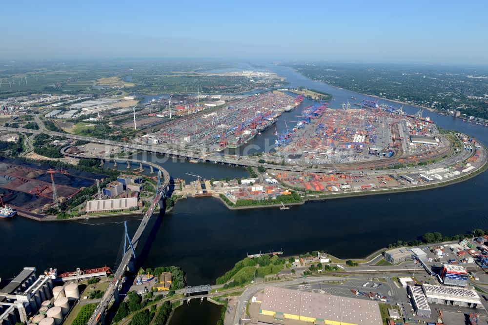 Hamburg aus der Vogelperspektive: Köhlbrandbrücke über dem Rugenberger Hafen in Hamburg-Mitte / Waltershof