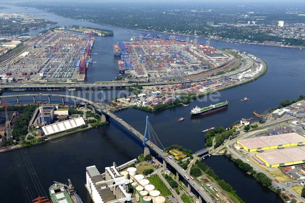 Hamburg aus der Vogelperspektive: Köhlbrandbrücke über dem Rugenberger Hafen in Hamburg-Mitte / Waltershof