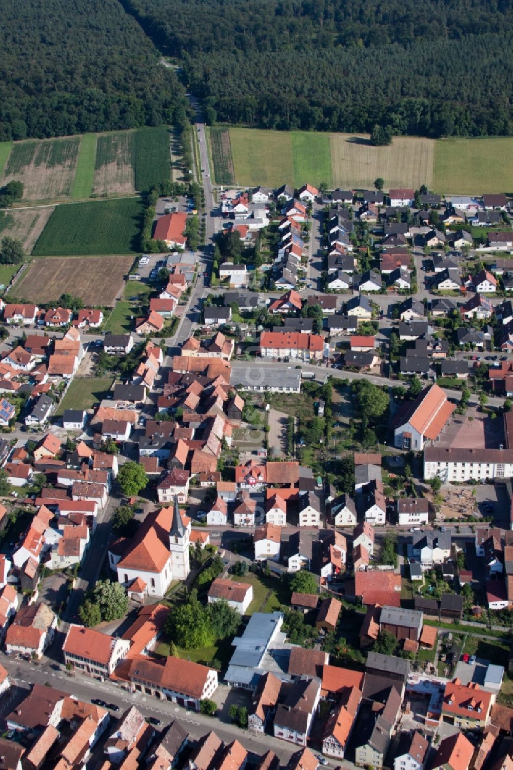 Hatzenbühl aus der Vogelperspektive: Kirchengebäude in der Dorfmitte in Hatzenbühl im Bundesland Rheinland-Pfalz