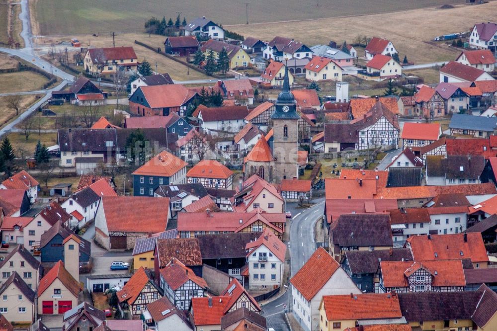 Luftaufnahme Westhausen - Kirchengebäude in der Dorfmitte in Westhausen im Bundesland Thüringen, Deutschland