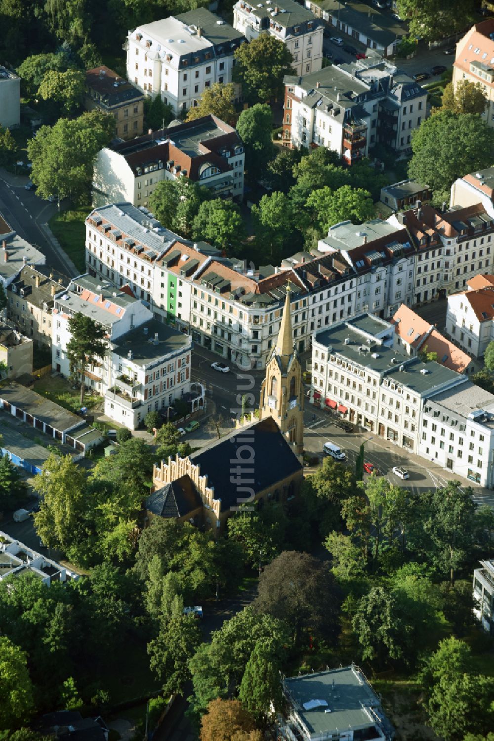 Leipzig von oben - Kirchengebäude Friedenskirche in Leipzig im Bundesland Sachsen, Deutschland