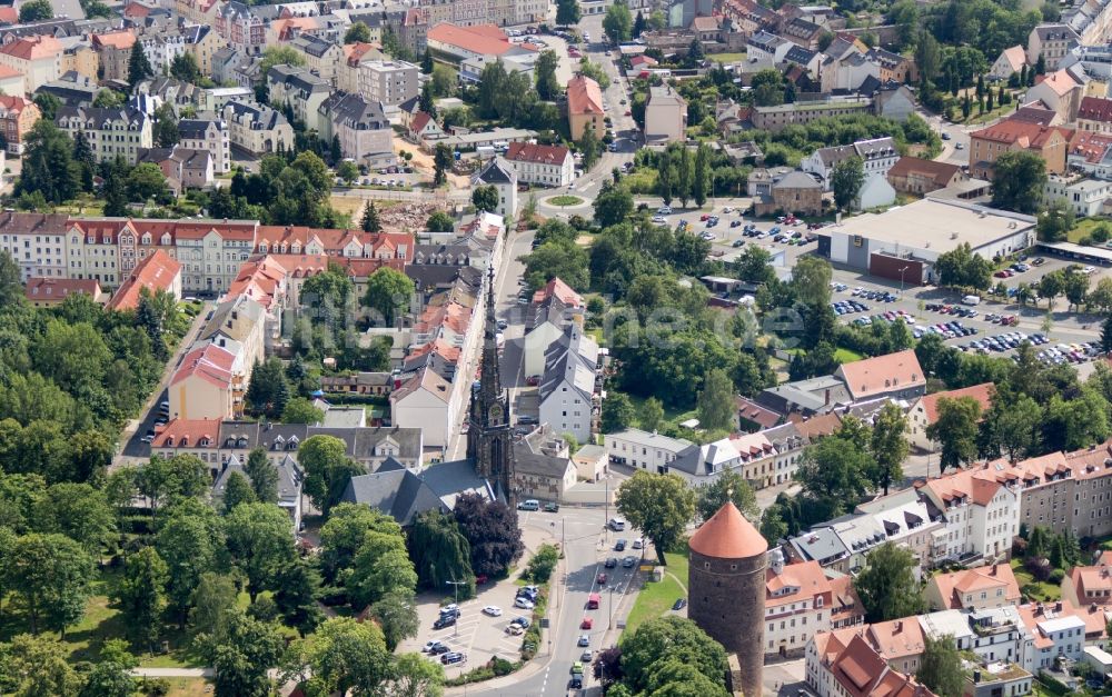 Freiberg aus der Vogelperspektive: Kirchengebäude der St. Jakobi Kirche in Freiberg im Bundesland Sachsen, Deutschland