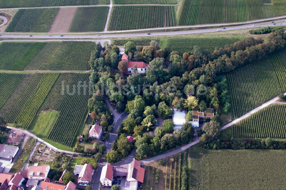 Landau in der Pfalz von oben - Kirchengebäude der Kapelle im Ortsteil Wollmesheim in Landau in der Pfalz im Bundesland Rheinland-Pfalz, Deutschland