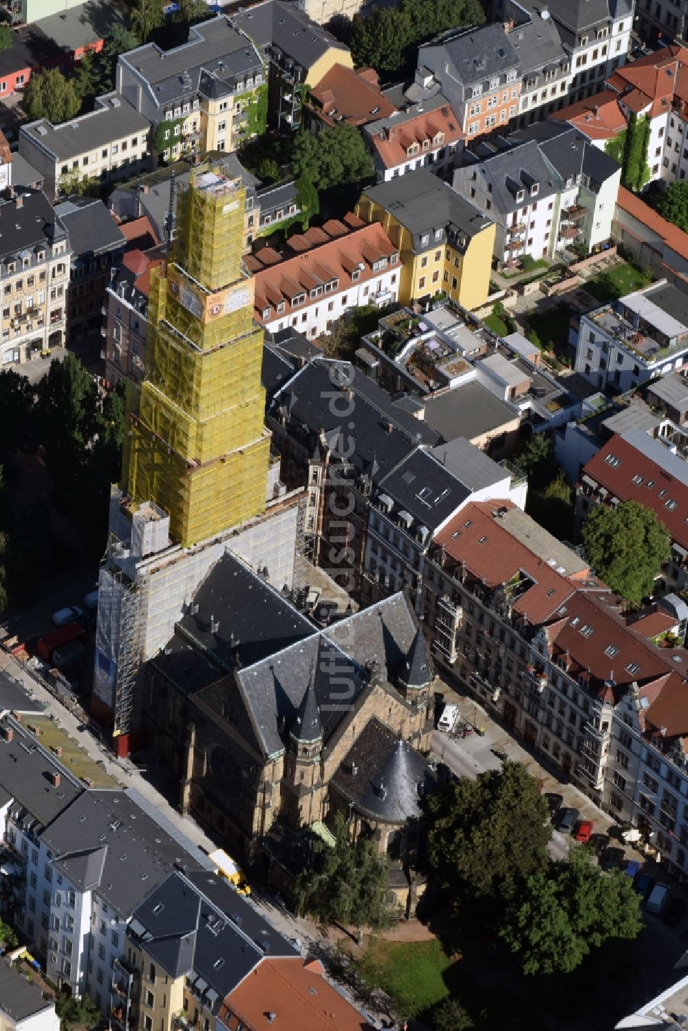 Luftbild Dresden - Kirchengebäude der Martin-Luther-Kirche in Dresden im Bundesland Sachsen