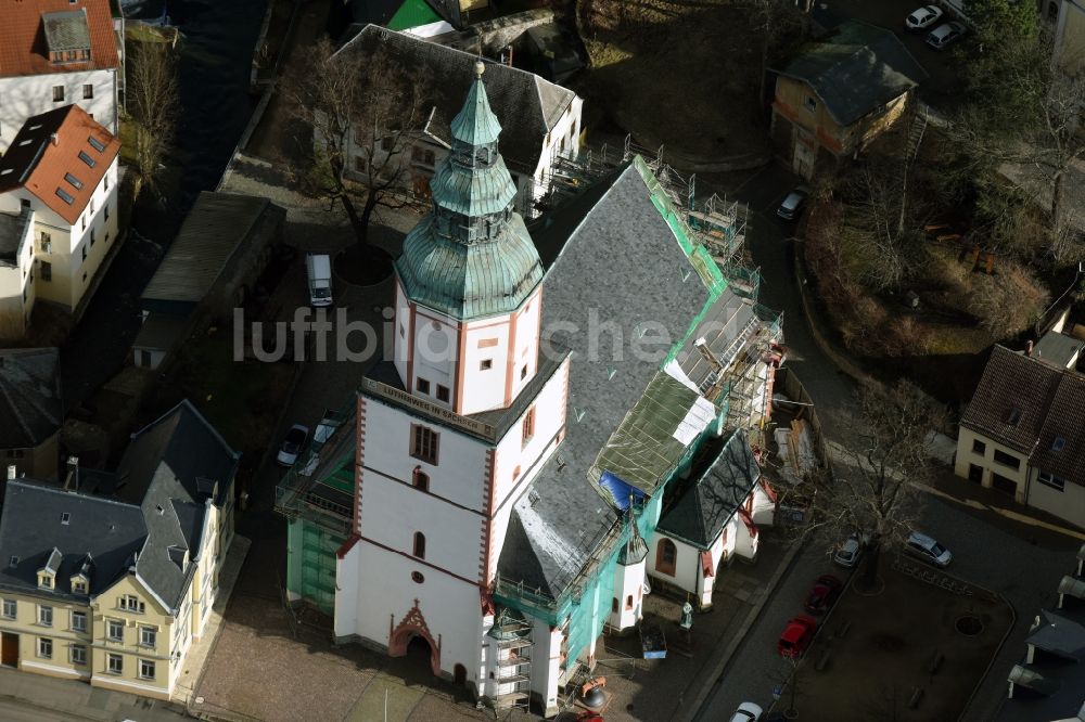 Luftaufnahme Döbeln - Kirchengebäude der St. Nikolai in Döbeln im Bundesland Sachsen