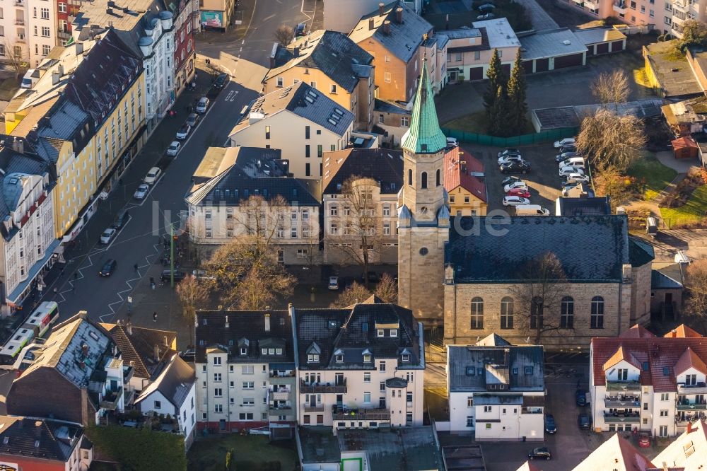 Hagen von oben - Kirchengebäude im Ortsteil Haspe in Hagen im Bundesland Nordrhein-Westfalen, Deutschland