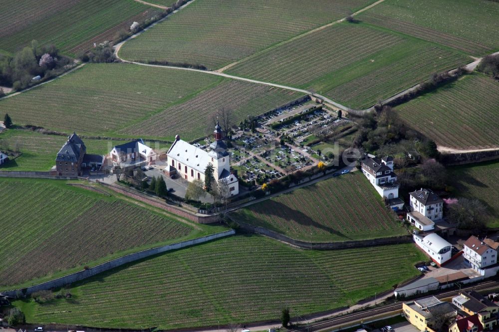 Nierstein aus der Vogelperspektive: Kirchengebäude der Sankt Kilian- Kirche über Nierstein im Bundesland Rheinland-Pfalz