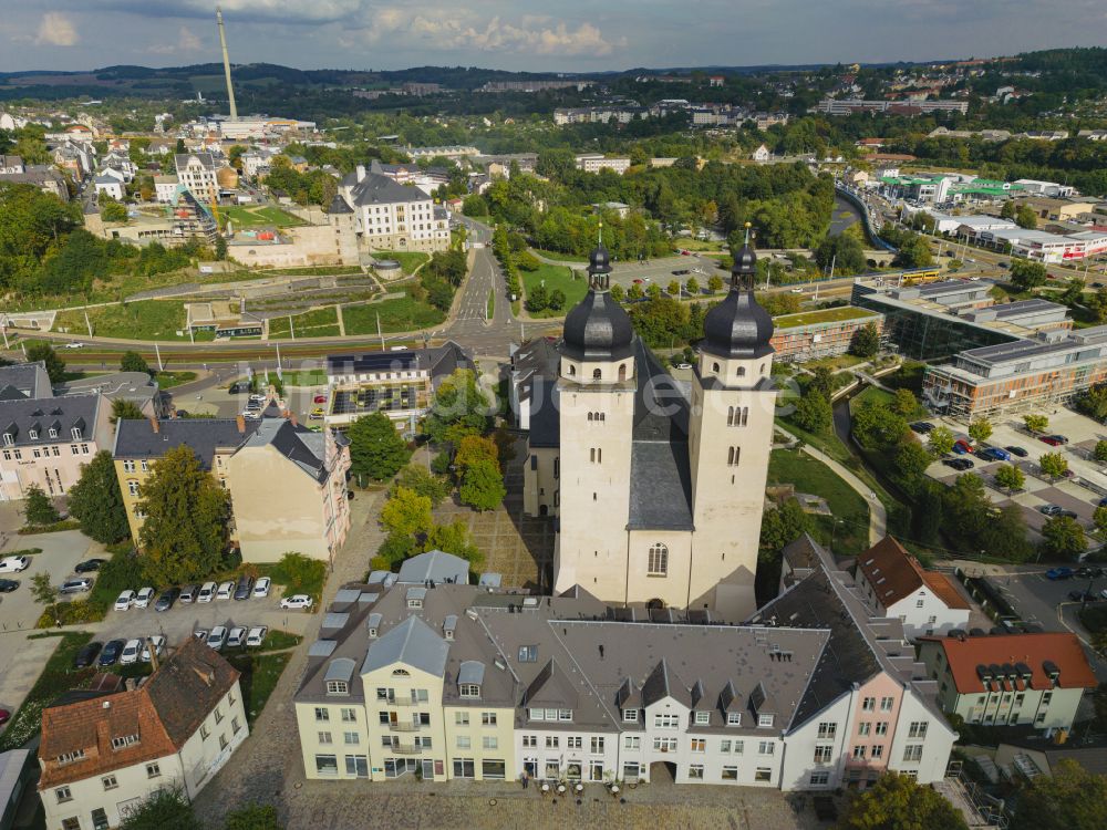 Plauen von oben - Kirchengebäude St.Johannis in Plauen im Bundesland Sachsen, Deutschland