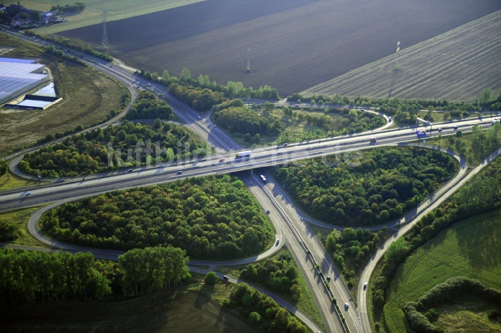 Magdeburg von oben - Kleeblattförmige Verkehrsführung am Autobahnkreuz der BAB A14 zur B81 in Magdeburg im Bundesland Sachsen-Anhalt, Deutschland