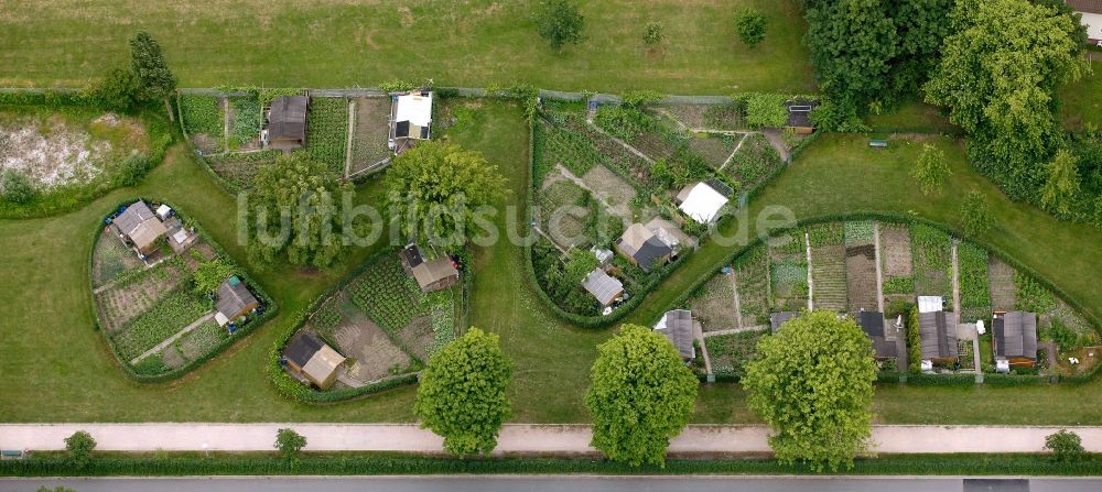 Hamm aus der Vogelperspektive: Kleingarten Siedlung am Stadtrand in Hamm im Bundesland Nordrhein-Westfalen