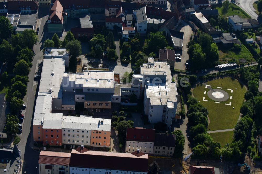 Elsterwerda von oben - Klinikgelände des Krankenhauses Elbe-Elster Klinikum, Krankenhaus Elsterwerda in Elsterwerda im Bundesland Brandenburg, Deutschland