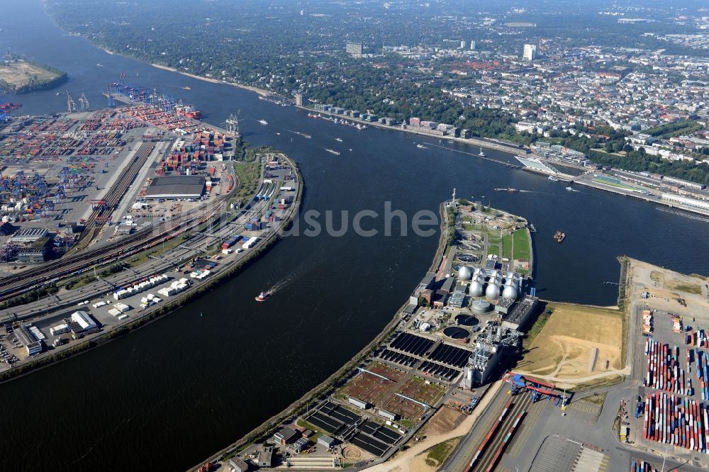 Hamburg aus der Vogelperspektive: Klärwerks- Becken und Reinigungsstufen vom Klärwerk Köhlbrandhöft im Hamburger Hafen