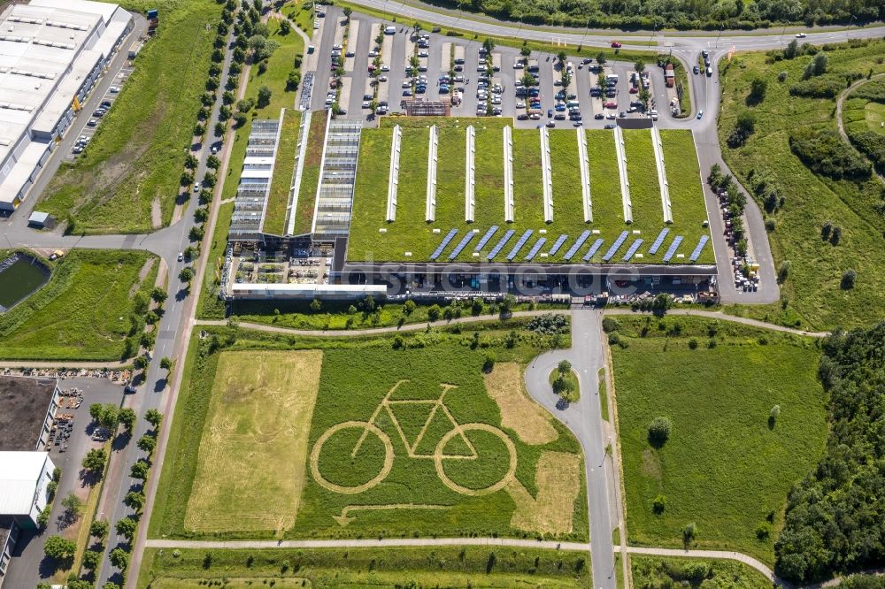 Hamm aus der Vogelperspektive: Ökozentrum Hamm mit einem großen eingemähtem Fahrrad hinter OBI Markt in Hamm im Bundesland Nordrhein-Westfalen