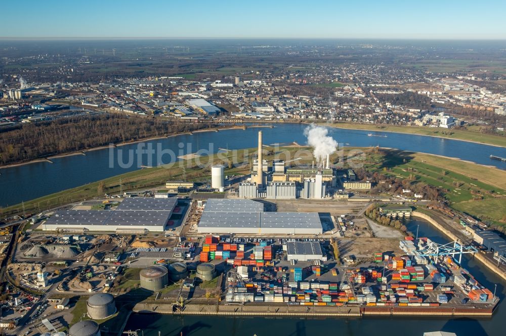 Luftbild Düsseldorf - Kraftwerksanlagen des Heizkraftwerkes Lausward der Stadtwerke Düsseldorf AG am Rhein- Hafen in Düsseldorf im Bundesland Nordrhein-Westfalen