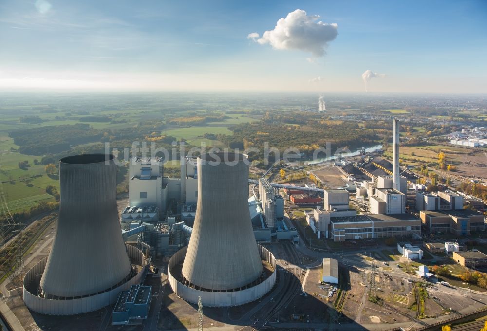 Luftaufnahme Hamm - Kraftwerksanlagen des Kohle- Heizkraftwerkes der RWE Power im Stadtteil Schmehausen in Hamm im Bundesland Nordrhein-Westfalen