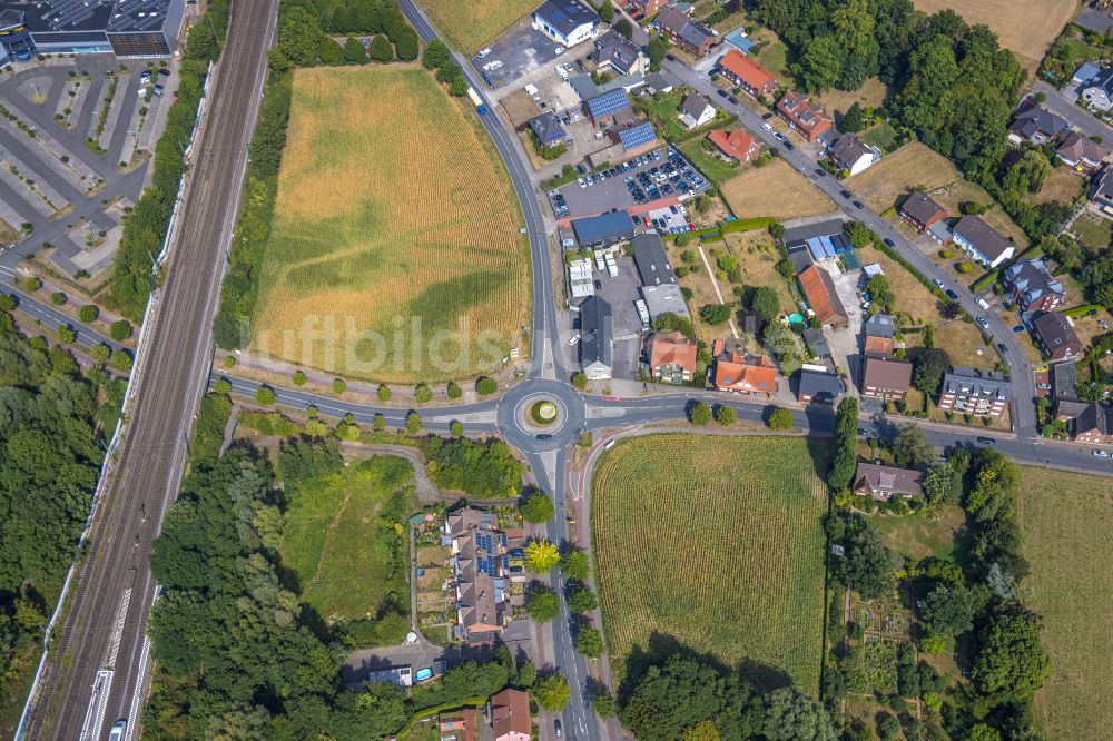 Hamm aus der Vogelperspektive: Kreisverkehr - Straßenverlauf Frielicker Weg - Vogelstraße - Ahlener Straße in Hamm im Bundesland Nordrhein-Westfalen, Deutschland