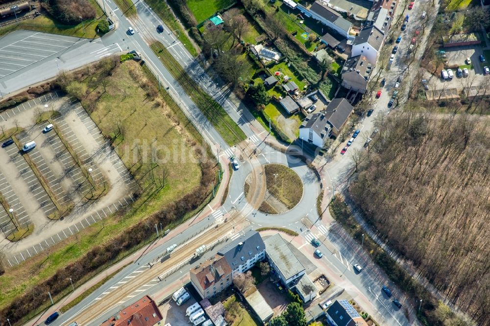 Luftaufnahme Herne - Kreisverkehr - Straßenverlauf An den Klärbrunnen - Hordeler Straße im Ortsteil Wanne-Eickel in Herne im Bundesland Nordrhein-Westfalen