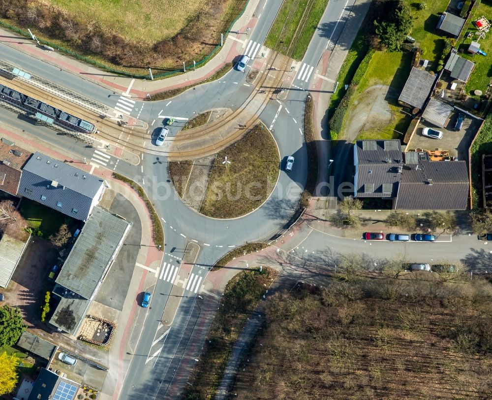 Herne aus der Vogelperspektive: Kreisverkehr - Straßenverlauf An den Klärbrunnen - Hordeler Straße im Ortsteil Wanne-Eickel in Herne im Bundesland Nordrhein-Westfalen