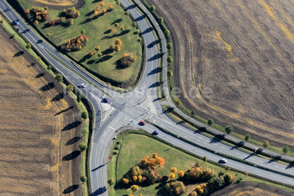 Luftaufnahme Weimar - Kreuzung Bundesstraße B85 und L2139 bei Gaberndorf im Landkreis Weimar in Thüringen