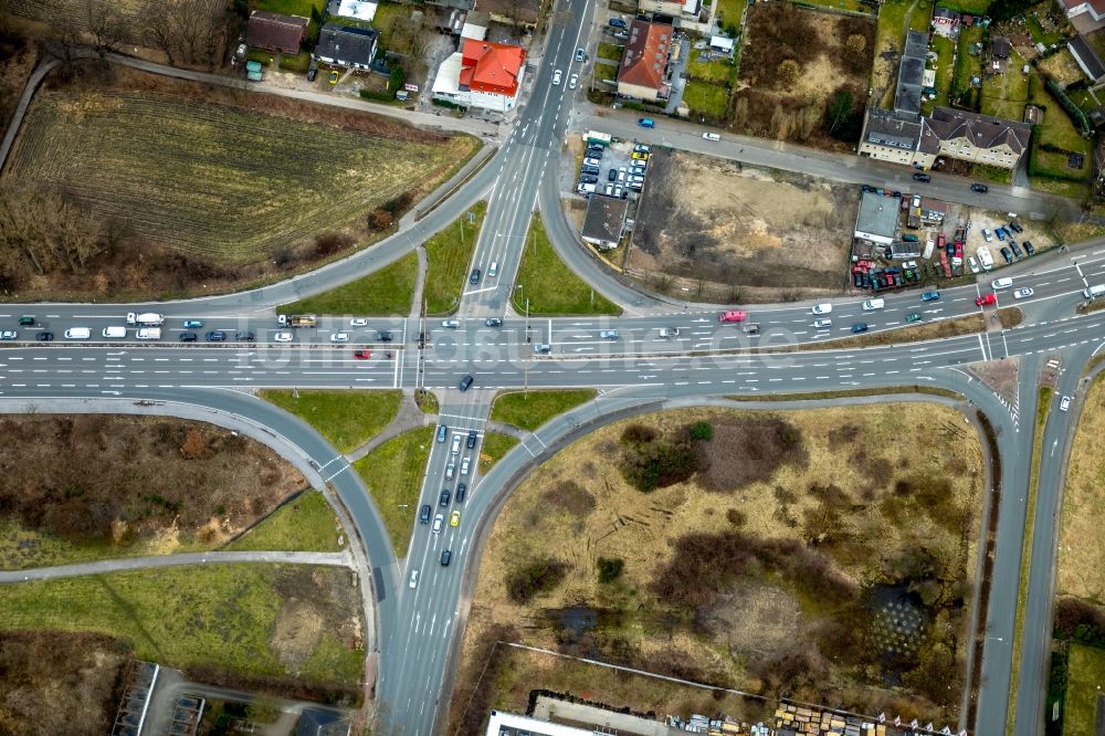 Bottrop von oben - Kreuzung an der Horster Straße - Braukstraße in Bottrop im Bundesland Nordrhein-Westfalen, Deutschland