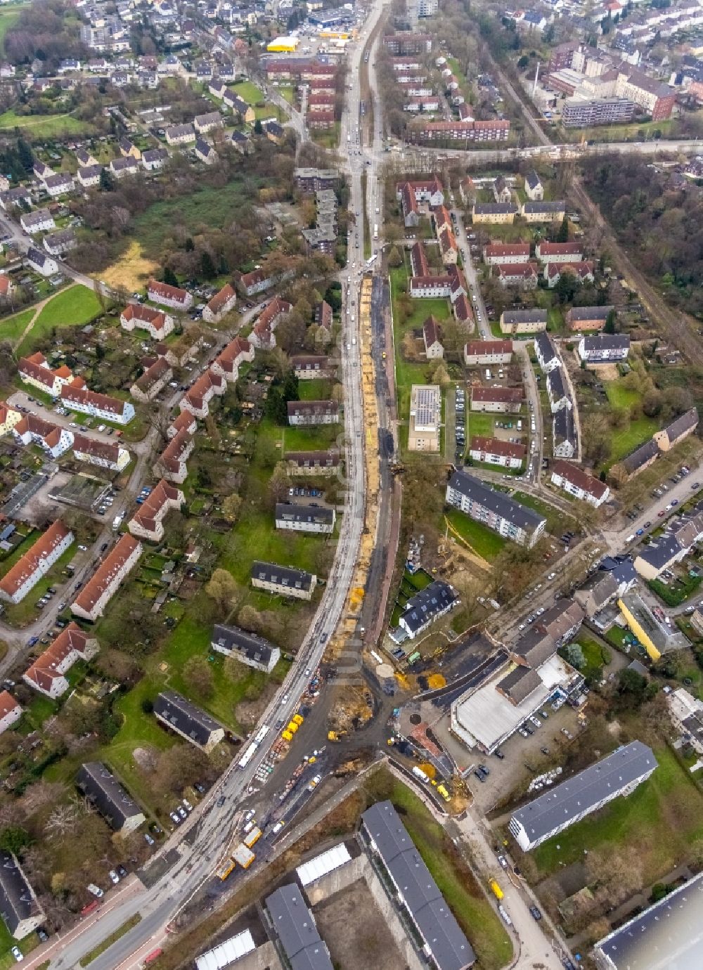 Gladbeck aus der Vogelperspektive: Kreuzungs- Umbau an der Wiesmannstraße - Breukerstraße - Horster Straße in Gladbeck im Bundesland Nordrhein-Westfalen, Deutschland