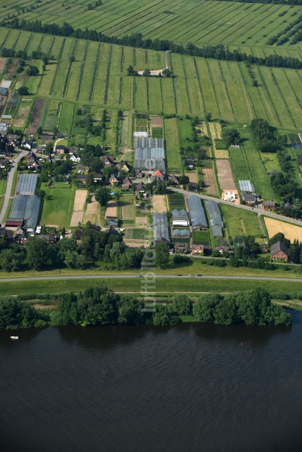 Luftbild Hamburg - Küsten- Landschaft mit Deich- Schutzstreifen am Ufer der Elbe in Hamburg Warwisch im Bundesland Hamburg