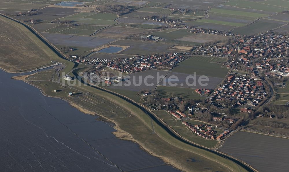 Wurster Nordseeküste von oben - Küsten- Landschaft mit Deich- Schutzstreifen in Wremen in Wurster Nordseeküste im Bundesland Niedersachsen