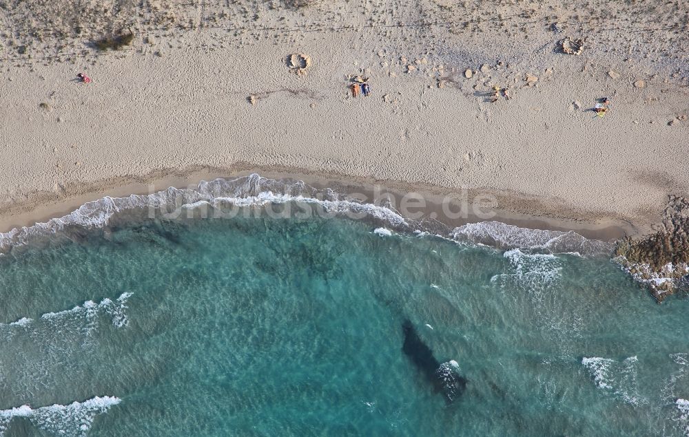 Luftbild Santa Margalida - Küsten- Landschaft am Sandstrand der son serra de marina in Santa Margalida in Bucht von Alcudia in Mallorca auf der balearischen Mittelmeerinsel Mallorca, Spanien