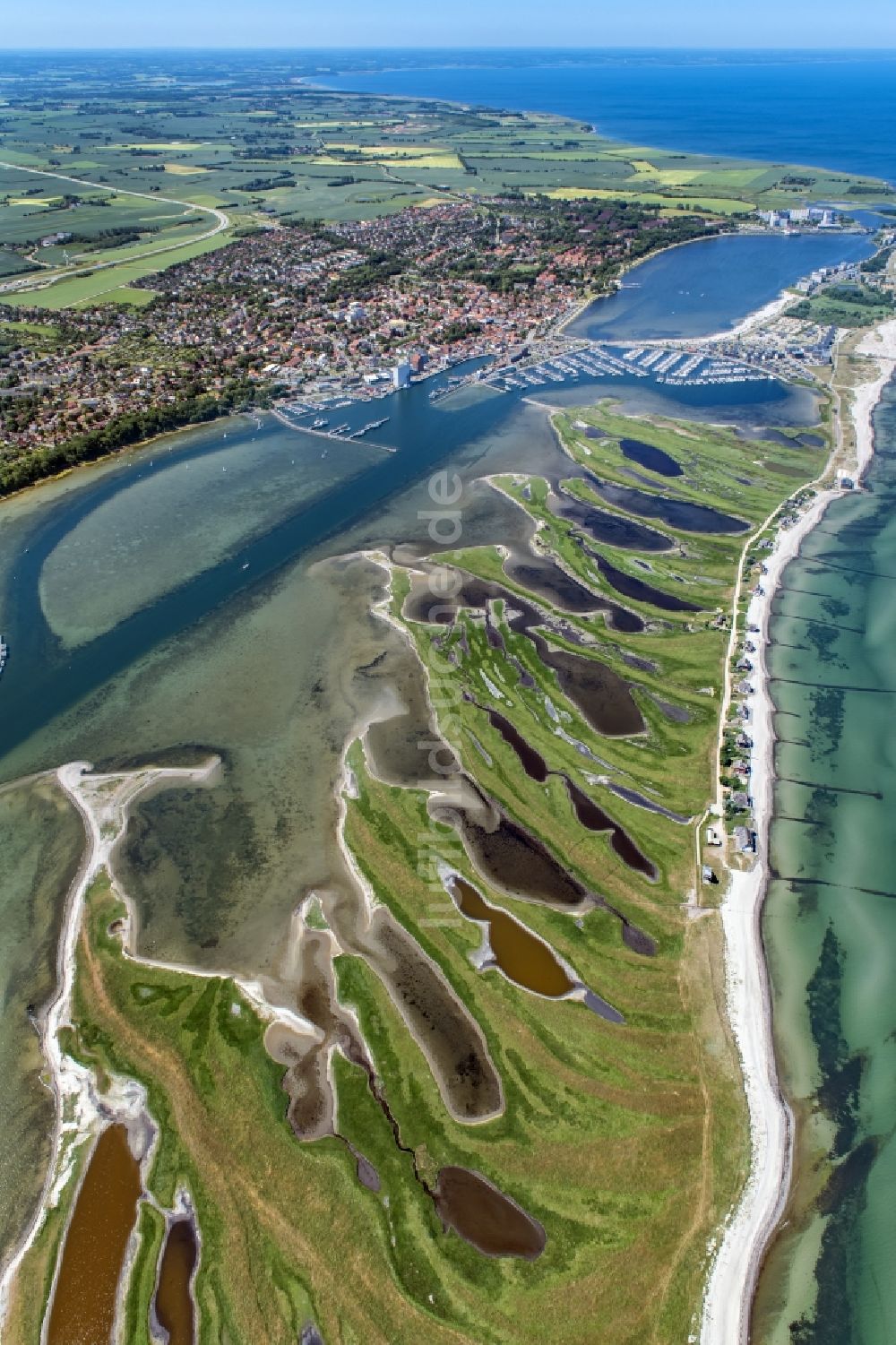 Heiligenhafen von oben - Küstenbereich der Halb- Insel Graswarder - Heilgenhafen in Großenbrode im Bundesland Schleswig-Holstein