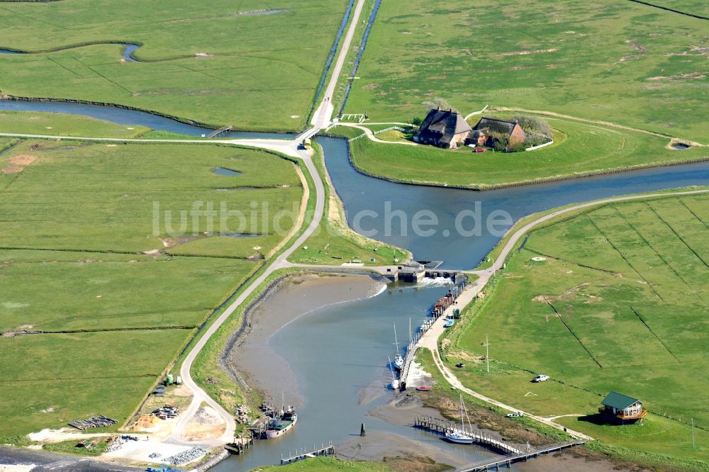 Hooge von oben - Küstenbereich der Nordsee- Hallig - Insel in Hooge im Bundesland Schleswig-Holstein