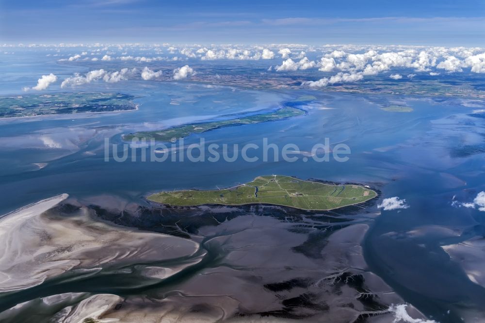 Hooge aus der Vogelperspektive: Küstenbereich der Nordsee- Hallig - Insel in Hooge im Bundesland Schleswig-Holstein