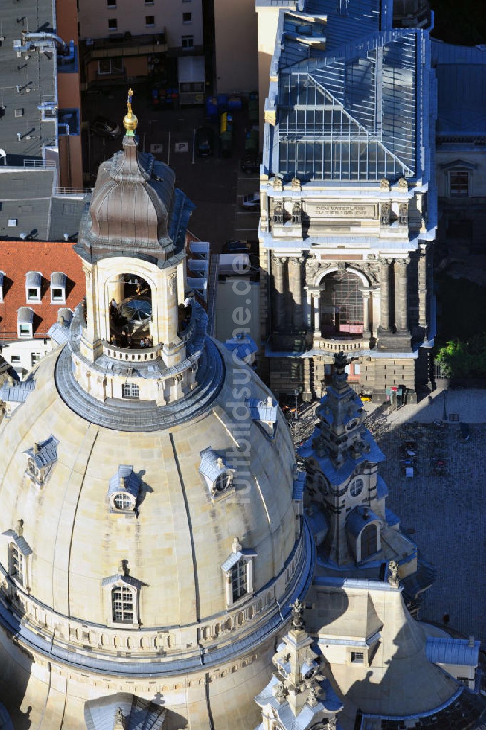 Dresden von oben - Kuppel der Dresdner Frauenkirche auf dem Neumarkt in Dresden