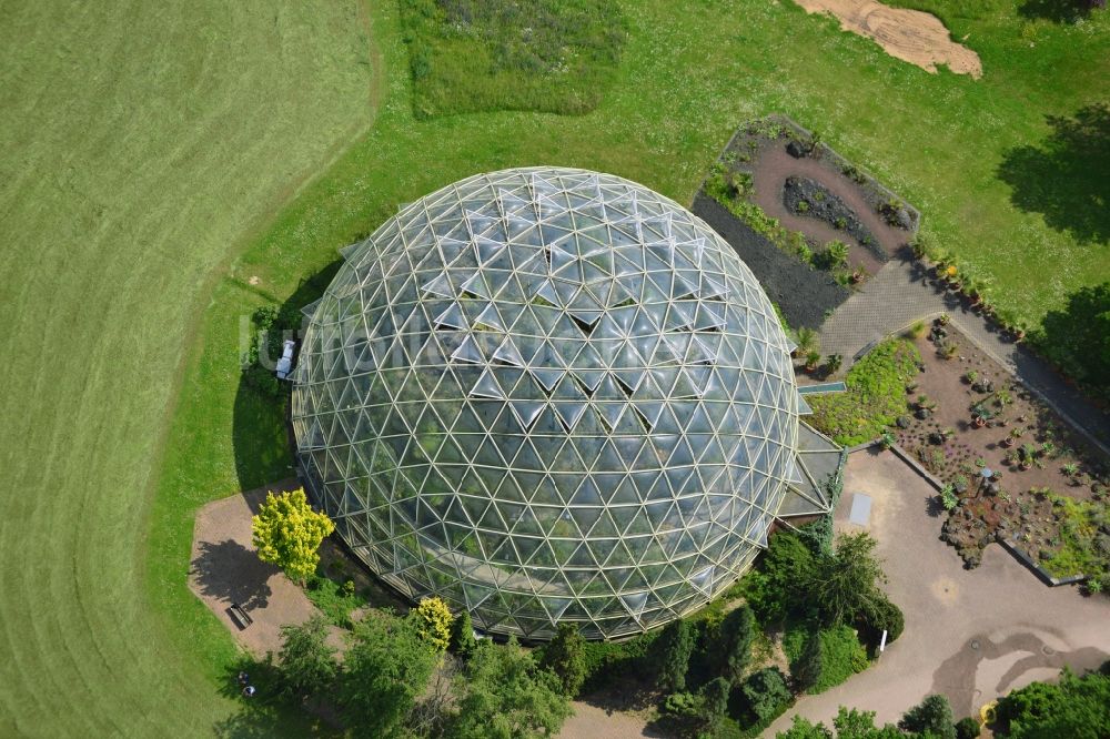 Luftbild Düsseldorf - Kuppel - Kaltgewächshaus im Botanischen Garten der Heinrich-Heine-Universität im Stadtteil Bilk in Düsseldorf im Bundesland Nordrhein-Westfalen