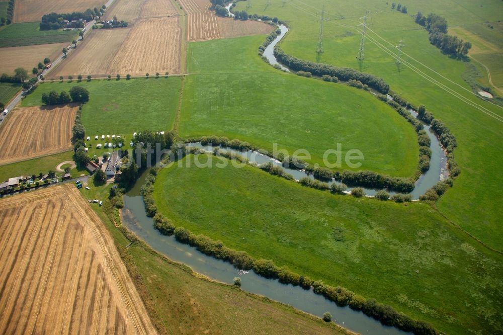 Luftaufnahme Hamm - Kurven und Rundungen im Flußverlauf der Lippe an den Lippewiesen bei Hamm im Bundesland Nordrhein-Westfalen