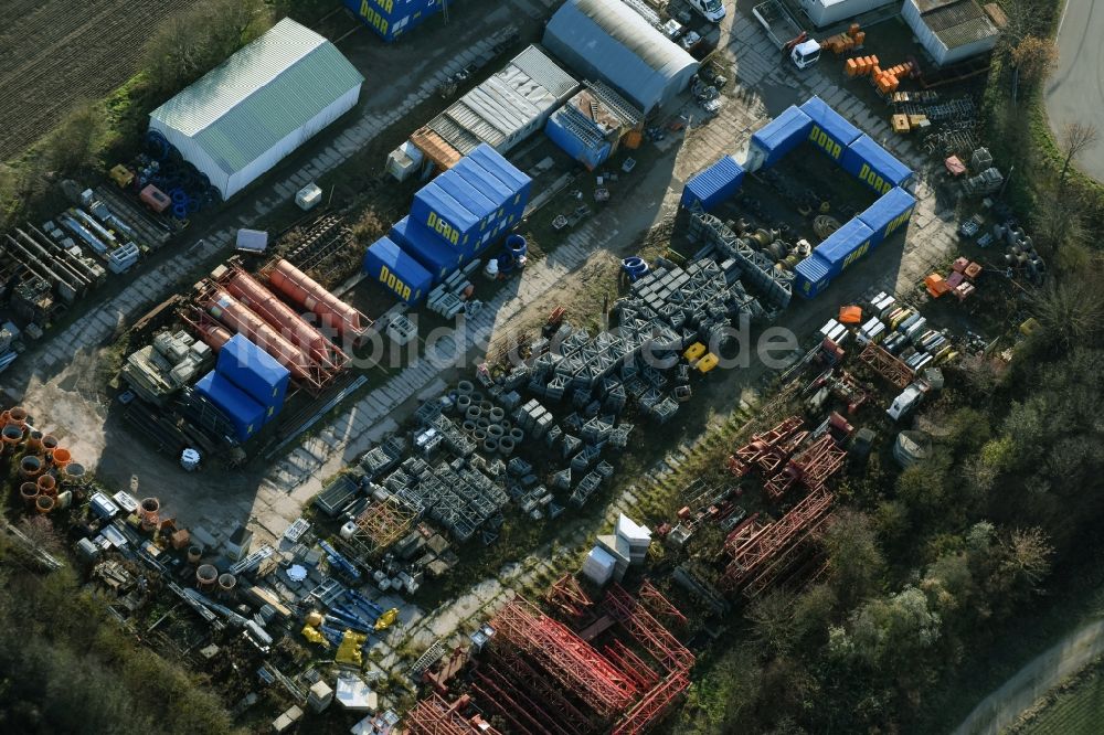 Rüdersdorf aus der Vogelperspektive: Lagerfläche der Porr Equipment Services Deutschland GmbH im Gewerbegebiet in Rüdersdorf im Bundesland Brandenburg