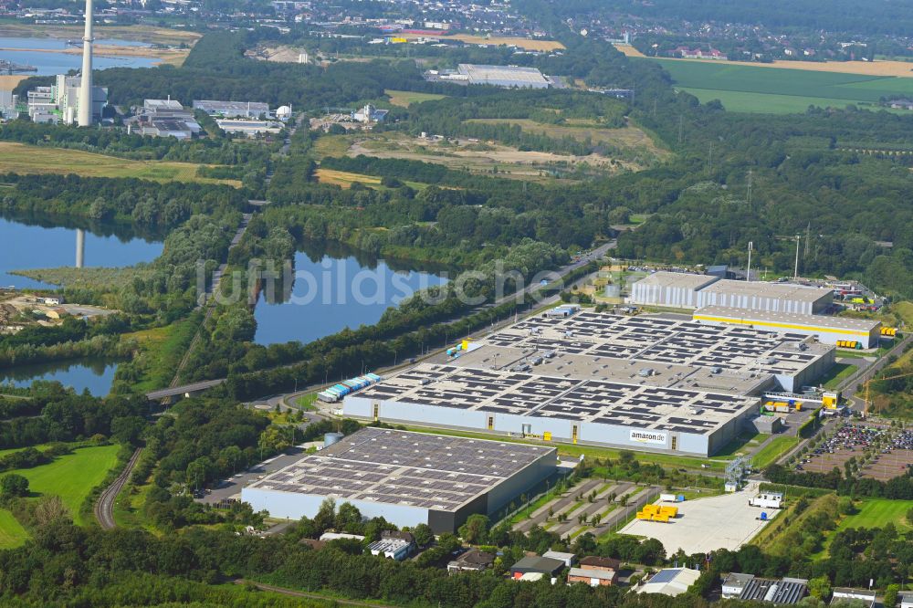 Luftaufnahme Rheinberg - Lagerhauskomplex- Gebäude im Gewerbegebiet Amazon DUS2 in Rheinberg im Bundesland Nordrhein-Westfalen, Deutschland