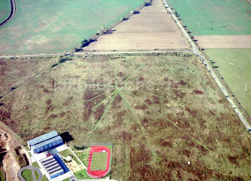 Schönefeld, Brandenburg von oben - Land-Art Projekt im Gewerbe- und Wohngebiet Roncasa der HVB Projekt GmbH westlich des S- und Fernbahnhofes Schönefeld