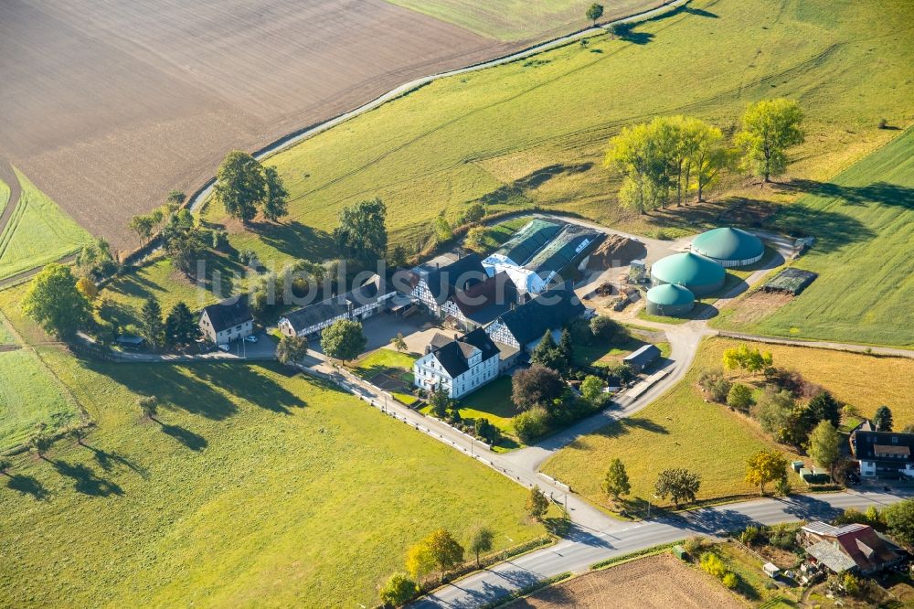 Wallen aus der Vogelperspektive: Landhaus und Bauernhof Zum Wallenstein am Rand von bestellten Feldern in Meschede im Bundesland Nordrhein-Westfalen