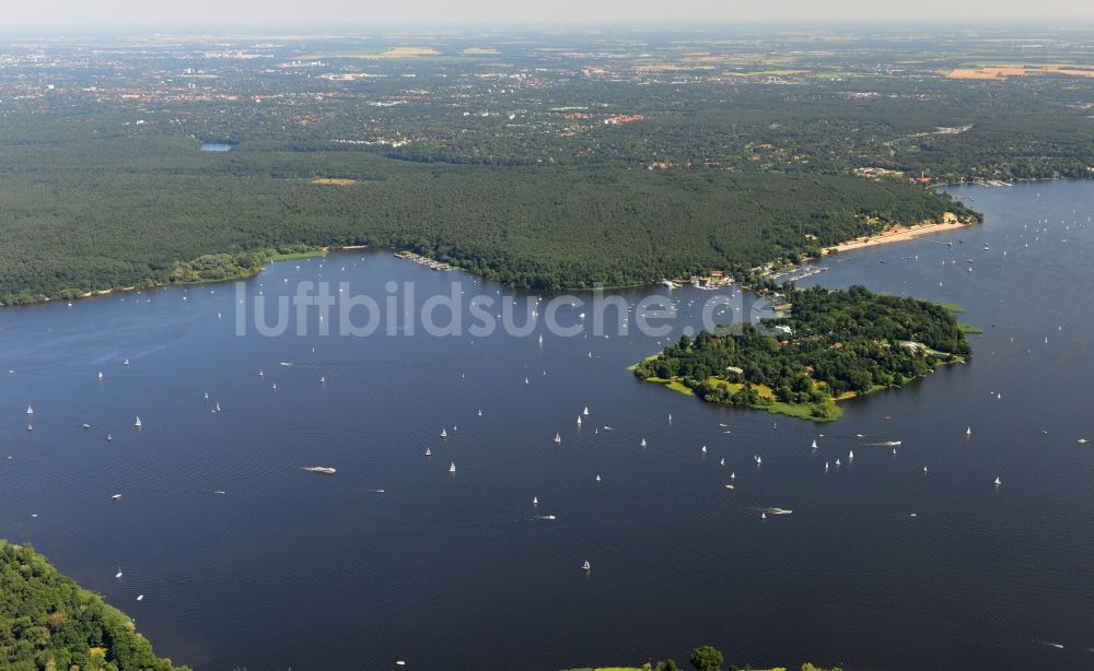 Berlin von oben - Landschaft entlang der Uferbereiche des Großen Wannsee mit dem Grunewald im Stadtbezirk Charlottenburg-Wilmersdorf von Berlin