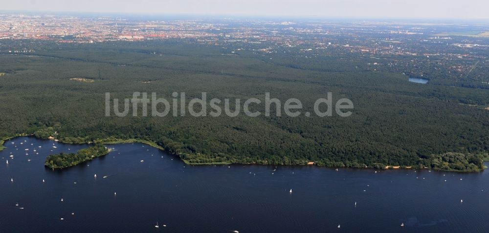 Berlin aus der Vogelperspektive: Landschaft entlang der Uferbereiche des Großen Wannsee mit dem Grunewald im Stadtbezirk Charlottenburg-Wilmersdorf von Berlin